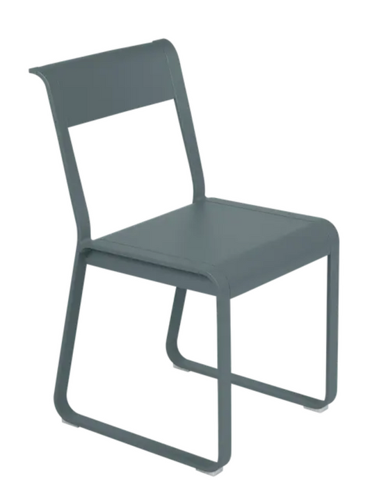 Storm grey Fermob Bellevie Chair V2, a stylish metal outdoor chair with a sleek design and curved armrests.