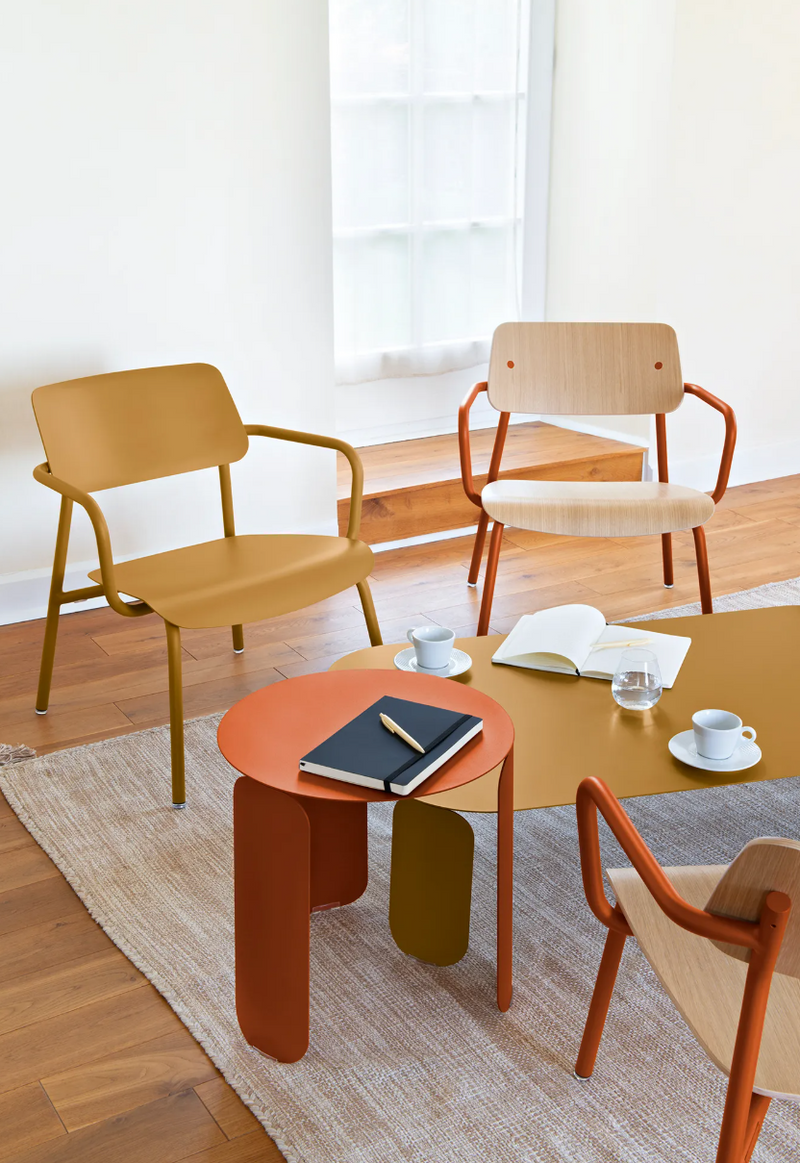 Load image into Gallery viewer, Stackable Fermob Studie Oak Lounge Armchair with metal frame and wooden seat, designed for modern office and lounge spaces.
