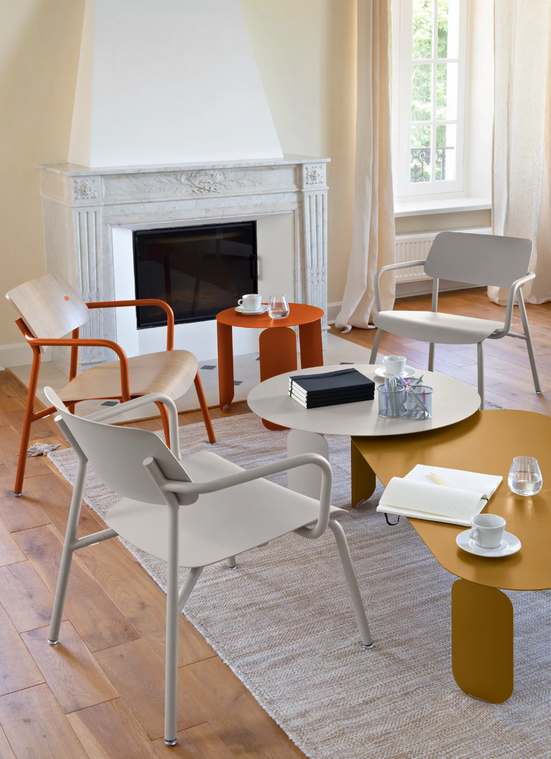 Load image into Gallery viewer, Stackable Fermob Studie Oak Lounge Armchair with metal frame, showcasing a stylish, modern design ideal for office or lounge settings.
