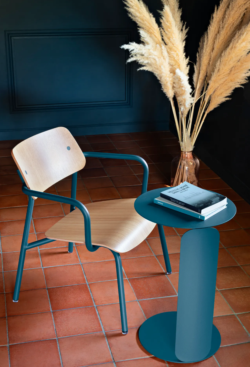Load image into Gallery viewer, Stackable Fermob Studie Oak Lounge Armchair with metal frame and wooden seat, designed for stylish office or lounge spaces.

