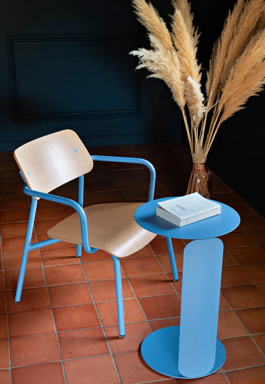 Stackable Fermob Studie Oak Lounge Armchair with metal frame, showcasing a stylish, modern design suitable for office or lounge areas.