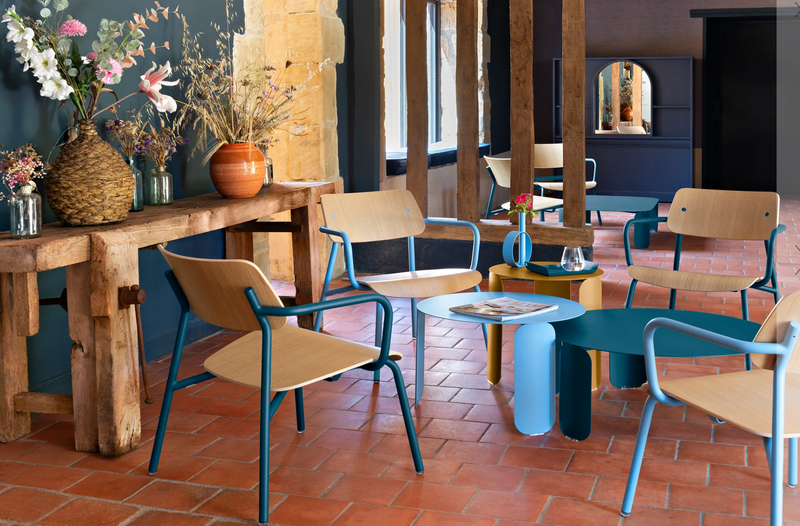 Load image into Gallery viewer, Stacked Fermob Studie Oak Lounge Armchairs with metal frames, designed for modern office and lounge spaces.
