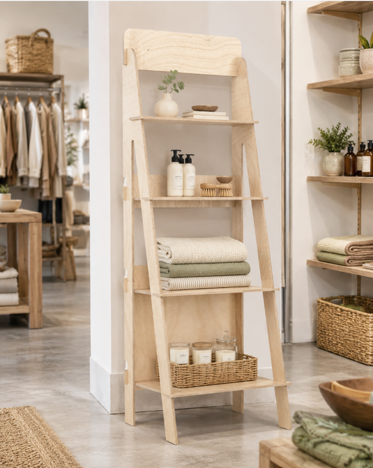 Multifunctional Esposit stairs ladder storage shelving unit on display, featuring multiple shelves and a sturdy floor-standing design.