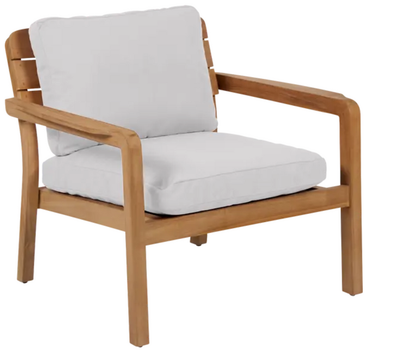 Load image into Gallery viewer, Steel grey Fermob Lodge outdoor armchair with low teak arms, suitable for hotel terrace seating and outdoor relaxation.
