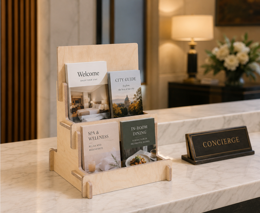 Esposit Step 2 multifunctional countertop display holder for hotel brochures, showcasing organized brochure storage.