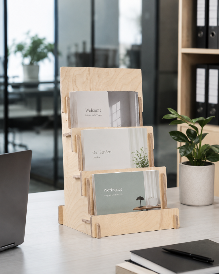 Load image into Gallery viewer, Esposit Step 3 counter items holder on a countertop display with office leaflets and brochures arranged neatly.
