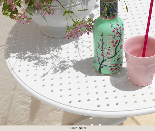 Nardi outdoor expandable step table by Custom Wood Designs, low and dining height, ideal for garden and patio settings.