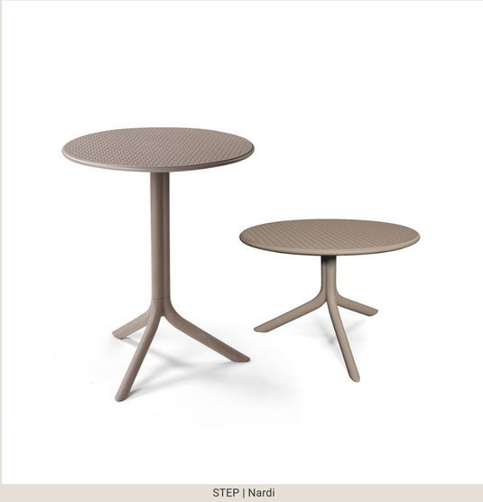 Nardi outdoor step table by Custom Wood Designs, expandable low and dining table for garden or patio use.