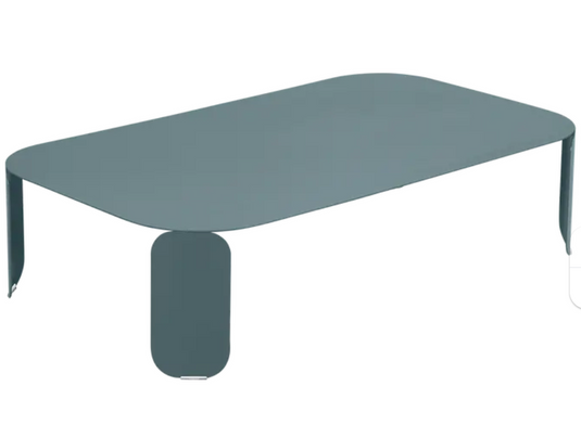 Grey Fermob Bebop low outdoor table, 120x70 cm with 42 cm height, modern design perfect for outdoor furniture settings.