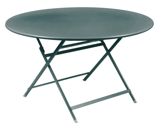 Fermob Caractère foldable metal table, Storm Grey, 128 cm diameter, eight-seater, with sleek, modern design and smooth surface.