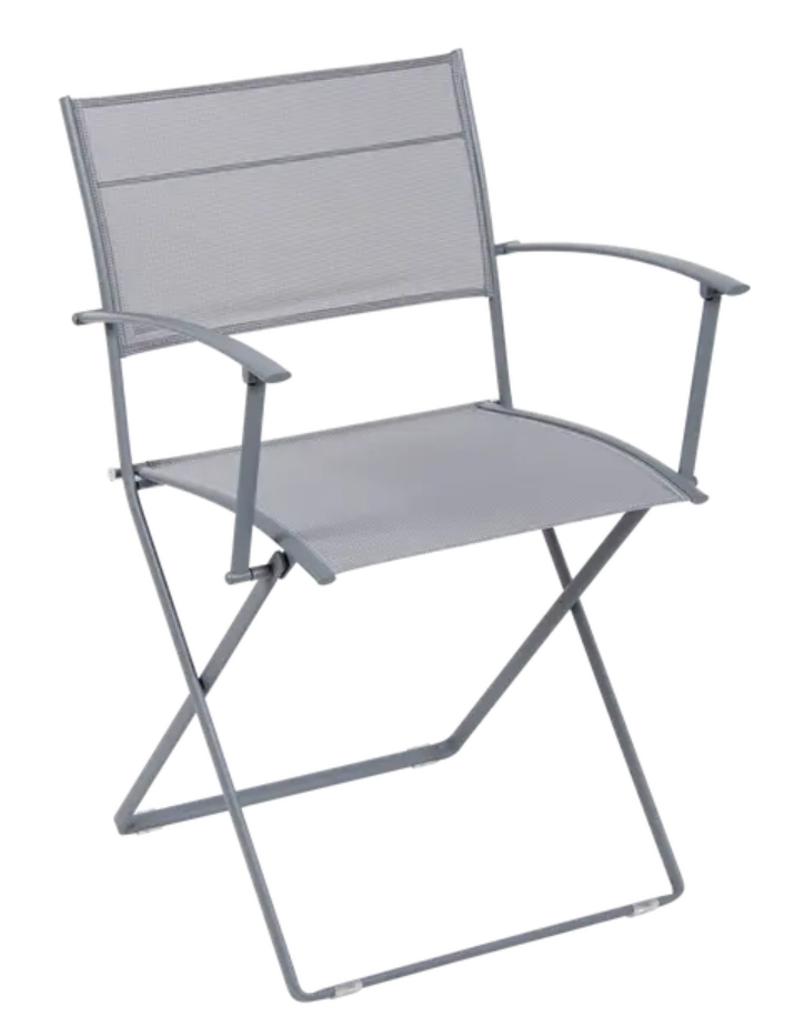 Load image into Gallery viewer, Storm grey Fermob Plein Air Armchair folding chair with sleek design and metal frame, suitable for outdoor use.
