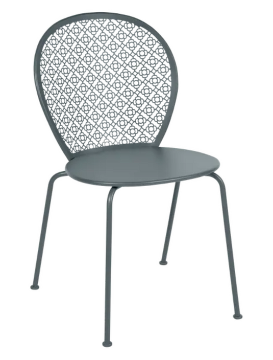Storm grey Fermob Lorette outdoor metal chair with a sleek design, perfect for stylish patio or garden seating.