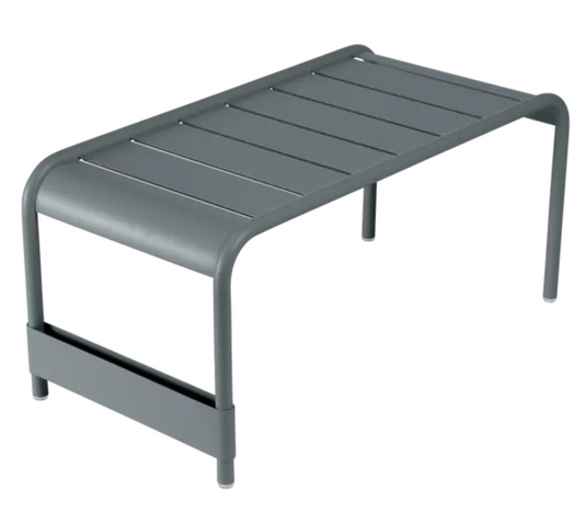 Storm Grey Fermob Luxembourg large low table and bench, 86x44, with a sleek modern design and smooth weather-resistant surface.