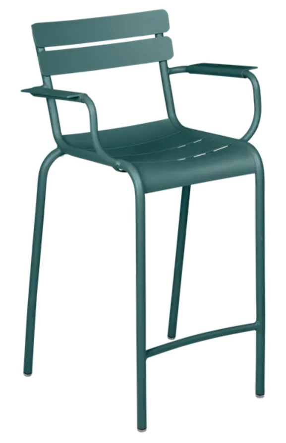 Load image into Gallery viewer, Storm grey Fermob Luxembourg high bar armchair with a modern design, featuring a high back and sturdy metal frame.
