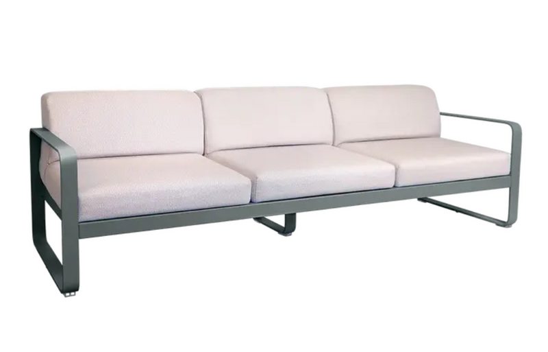 Load image into Gallery viewer, Storm grey Fermob Bellevie 3-seater outdoor sofa with metal frame, stylish and comfortable for patio or garden seating.
