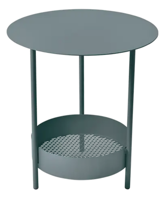 Storm Grey Fermob Salsa Pedestal Side Table, outdoor furniture with round top and sturdy pedestal base.