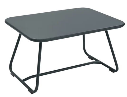 Storm grey Fermob Sixties low outdoor table measuring 76x55.5cm, stylish and durable for patio or garden use.