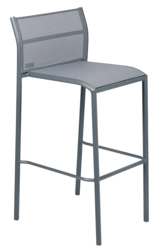 Storm grey Fermob Cadiz outdoor metal bar chair with a modern design, suitable for outdoor bar or patio settings.