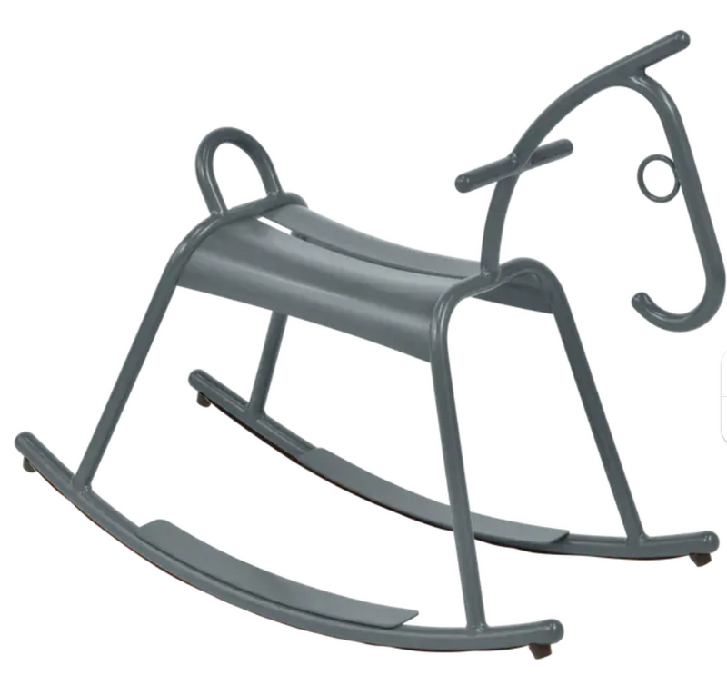 Load image into Gallery viewer, Fermob ADADA rocking horse in storm grey and white, designed for kids restaurant corner or waiting area furniture.
