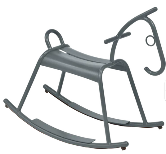 Fermob ADADA rocking horse in storm grey and white, designed for kids restaurant corner or waiting area furniture.