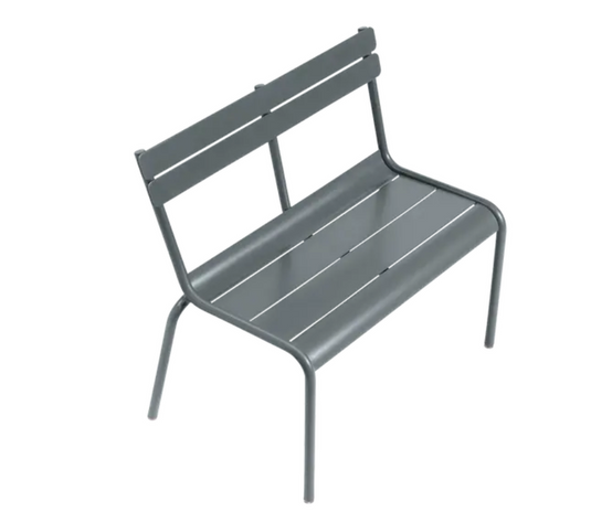 Fermob Luxembourg Kid Bench in Storm Grey, outdoor restaurant furniture for children, made of durable metal with a sleek design.