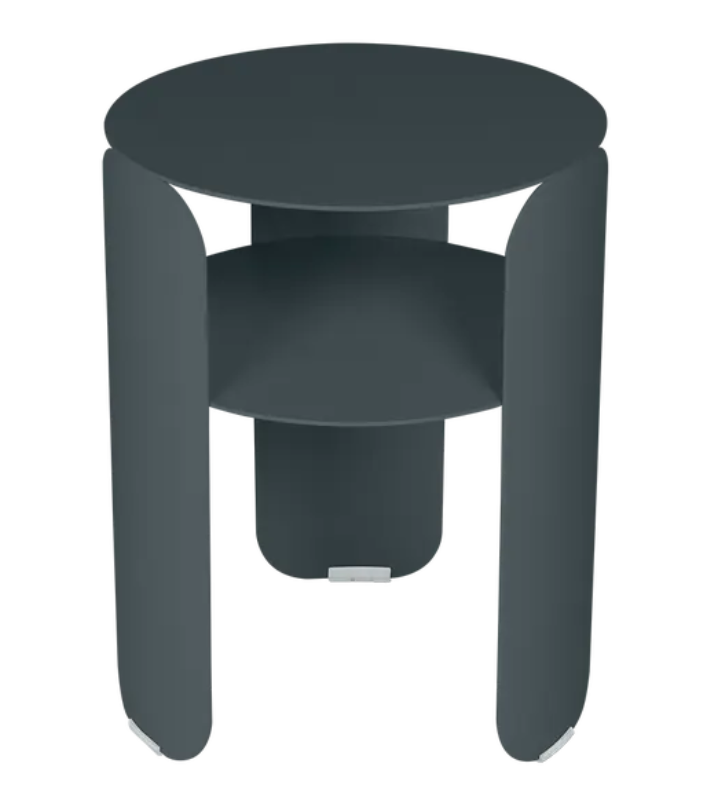 Load image into Gallery viewer, Fermob Bebop Side Table in Storm Grey, round aluminum outdoor side table with modern design and offset style.
