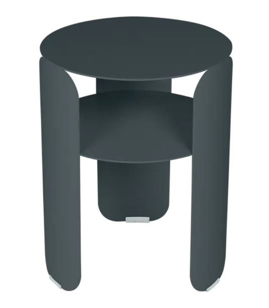 Fermob Bebop Side Table in Storm Grey, round aluminum outdoor side table with modern design and offset style.