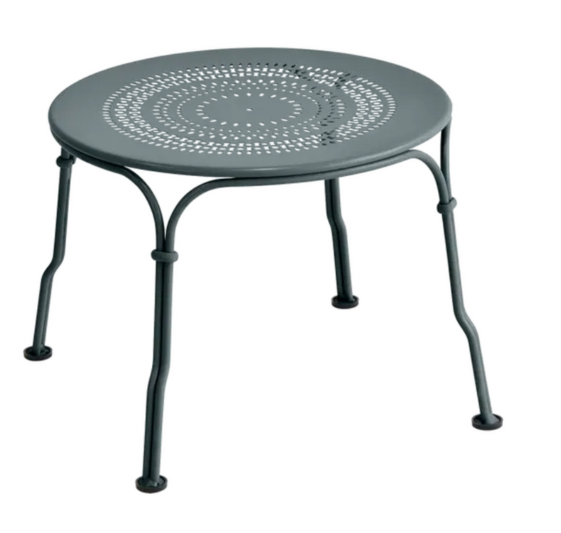 Load image into Gallery viewer, Fermob 1900 Low Table with a 45 cm diameter, featuring a sleek metal design, shown in Storm color.
