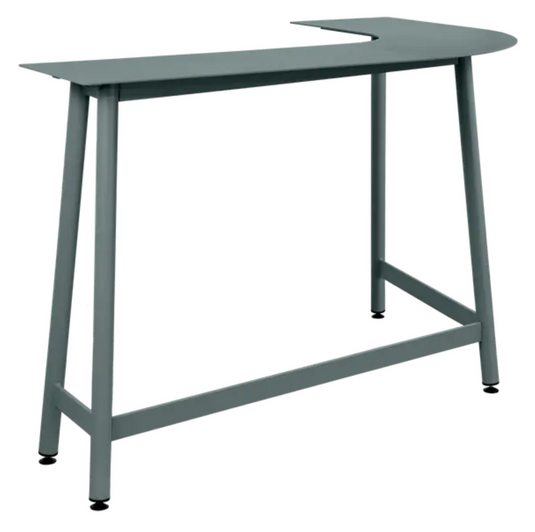 Fermob Bolder Corner Counter Bar Stool in storm gray metal, outdoor garden bench with two-seater design and foxed finish.