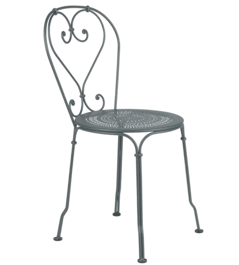 Load image into Gallery viewer, Storm grey Fermob 1900 outdoor chair with a sleek metal frame and curved armrests, perfect for garden or patio seating.
