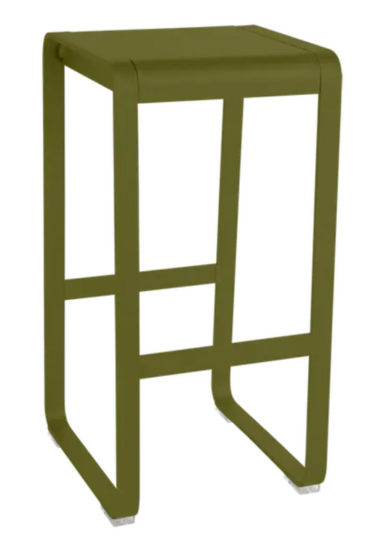 Storm grey Fermob Bellevie high bar stool with sleek design, suitable for outdoor use, shown with a modern outdoor setting.