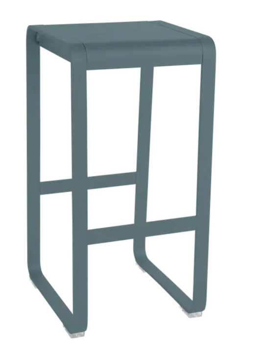 Storm grey Fermob Bellevie high bar stool with sleek design, suitable for outdoor use, shown from side view on a modern setting.