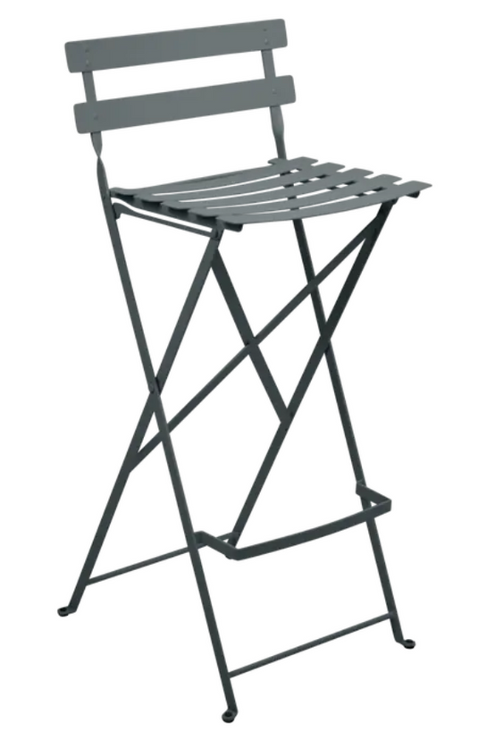 Fermob Storm Grey Bistro High Stool, foldable outdoor bar chair with sleek design and sturdy metal frame.