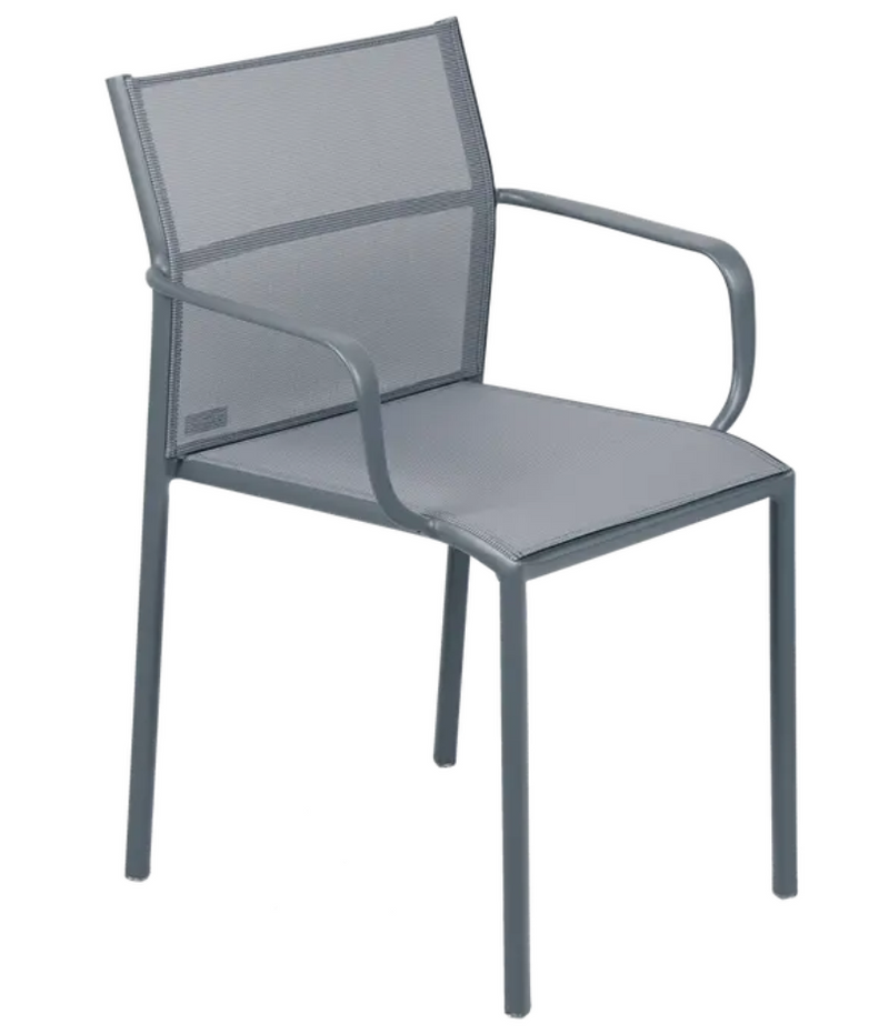 Load image into Gallery viewer, Storm grey Fermob Cadiz outdoor armchair with aluminum frame and technical fabric upholstery, ideal for patio or garden use.
