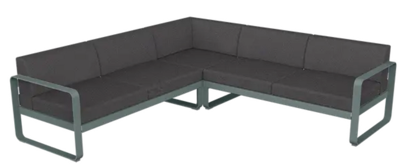 Load image into Gallery viewer, Fermob Bellevie Composition 2 outdoor modular sofa set in storm grey and graphite, with cushioned seats and modern design.
