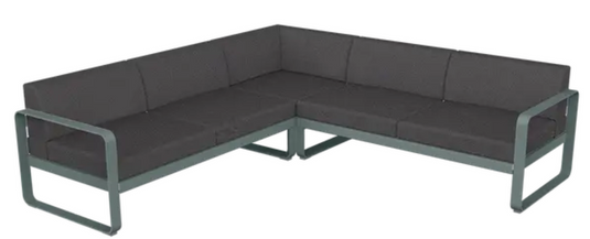 Fermob Bellevie Composition 2 outdoor modular sofa set in storm grey and graphite, with cushioned seats and modern design.