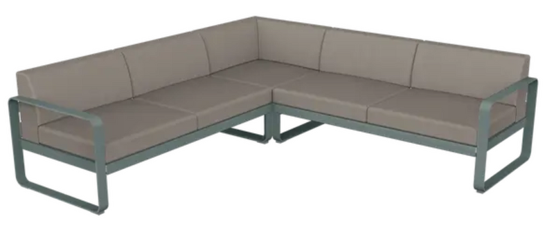 Load image into Gallery viewer, Fermob Bellevie Composition 2 outdoor lounge sofa set with storm grey, grey, and taupe cushions, modular design for outdoor seating.
