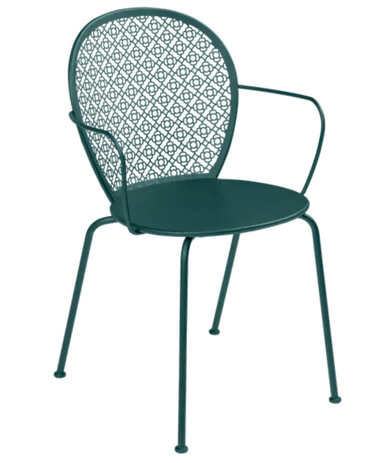 Storm grey Fermob Lorette outdoor metal armchair with sleek design and armrests, perfect for garden or patio seating.