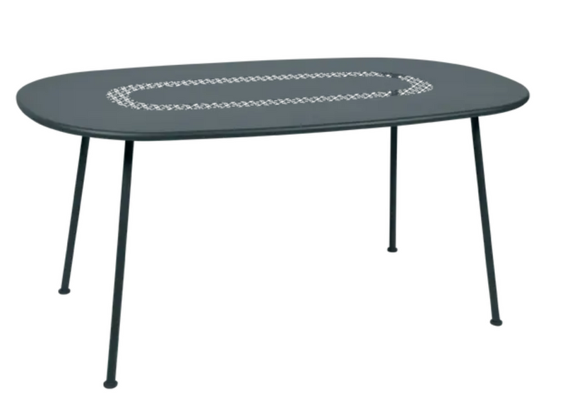 Load image into Gallery viewer, Storm Grey Fermob LORETTE oval metal outdoor table, 160x90 cm, suitable for dining and outdoor furniture.
