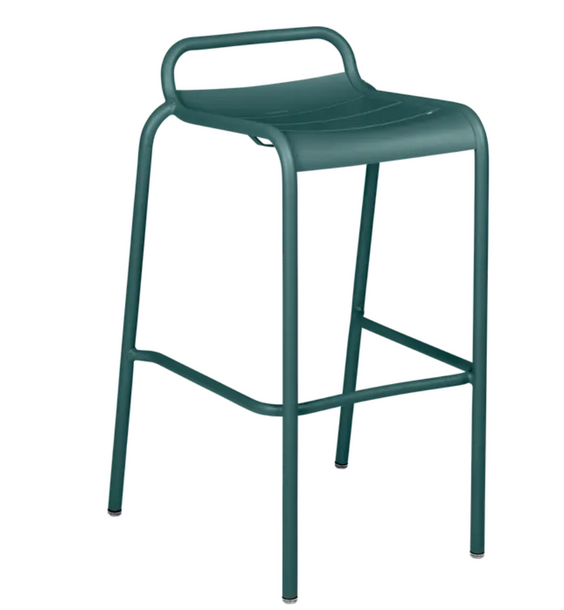 Load image into Gallery viewer, Storm grey Fermob Luxembourg bar stool, outdoor dining chair with modern design, suitable for restaurant and home patio use.
