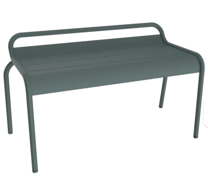Load image into Gallery viewer, Storm grey Fermob Luxembourg outdoor stackable bench, 90 cm with metal construction, shown on hall side in a modern outdoor setting.
