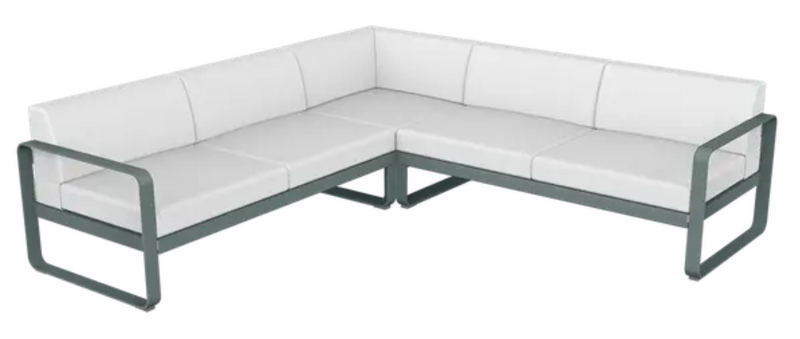 Load image into Gallery viewer, Storm grey and off-white Fermob Bellevie outdoor lounge sofa composition with modular design and stylish cushions.
