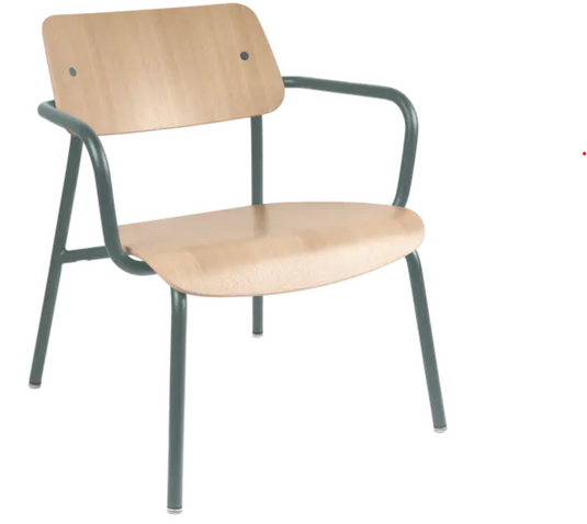 Storm grey Fermob Studie Oak Lounge Armchair with metal frame, showcasing modern design and comfortable seating.