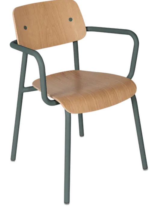 Storm grey Fermob Studie Oak outdoor armchair with wooden armrests, suitable for garden or patio seating.