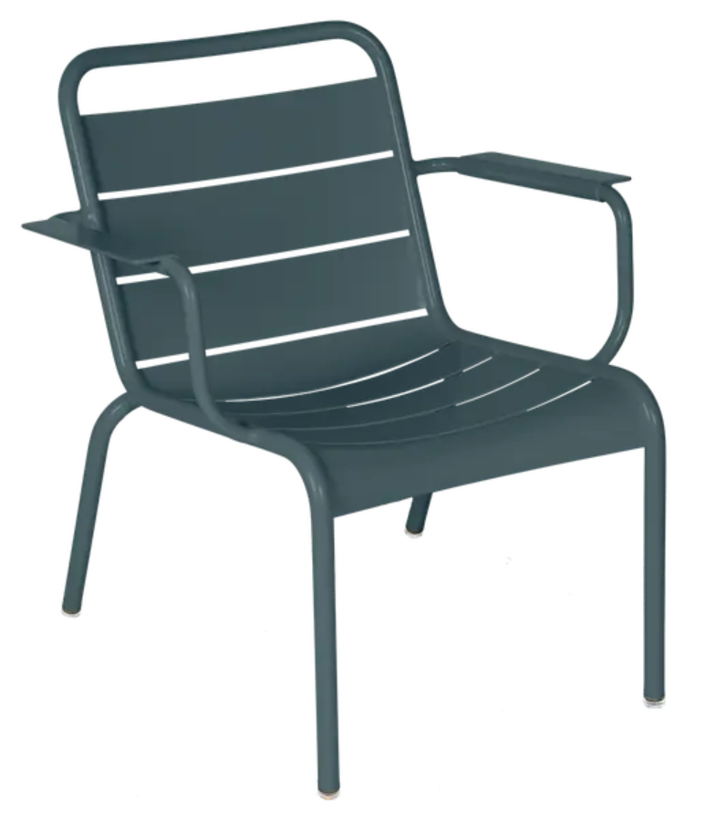 Load image into Gallery viewer, Luxembourg Fermob garden armchair lounge in storm grey with white accents, featuring a modern outdoor seating design.

