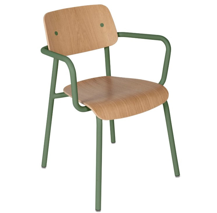 Fermob Studie Oak outdoor armchair with cactus patterned cushion, wooden frame, and armrests for outdoor relaxation.