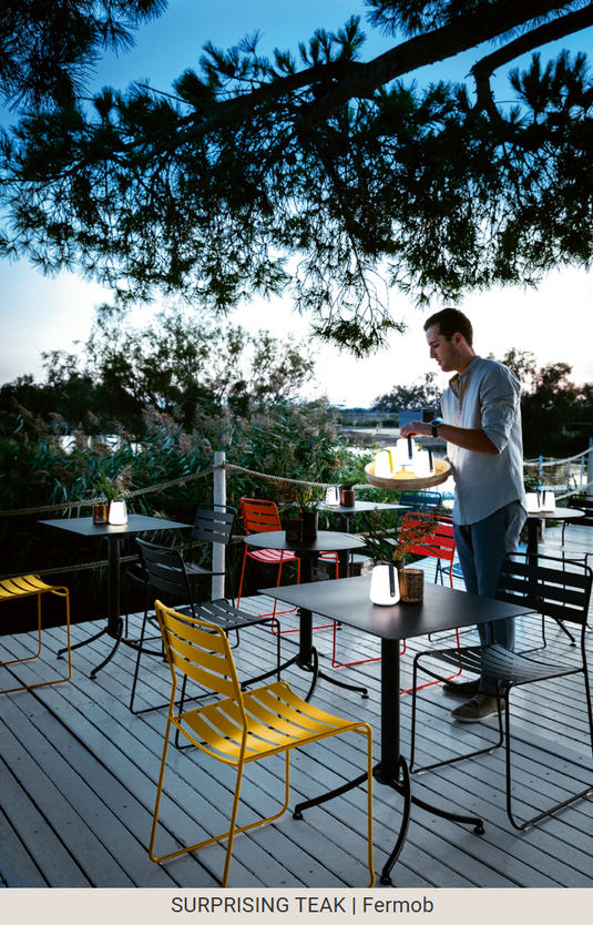Fermob outdoor metal chair with teak seat, lightweight design, suitable for patio or garden outdoor furniture.