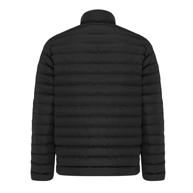 Load image into Gallery viewer, IQONIQ Maiko men's recycled polyester padded jacket, textile with quilted design, in black, front view showing collar and zipper.
