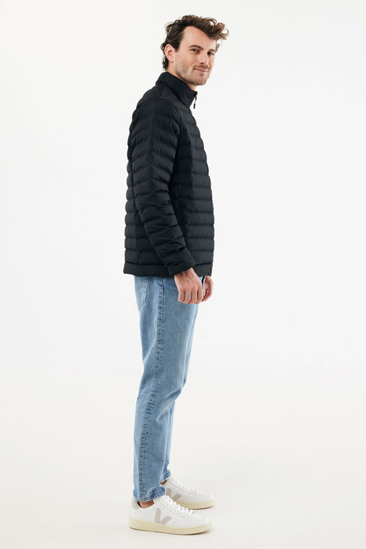 IQONIQ Maiko men's recycled polyester padded jacket showing front view with quilted design and high collar.