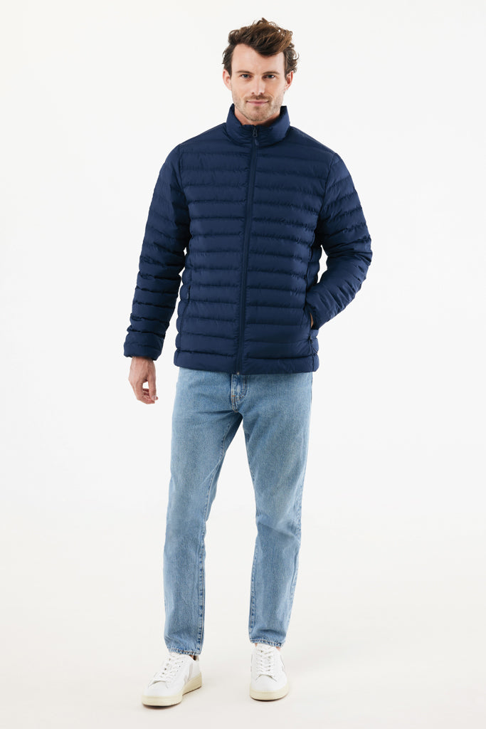 Load image into Gallery viewer, IQONIQ Maiko men's recycled polyester padded jacket, textile with quilted design, in navy blue, featuring a high collar and front zipper.
